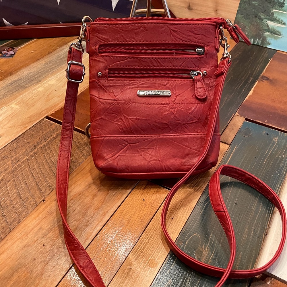 Stone&Co small orange crossbody. GUC. 1 zipper pull missing as shown.